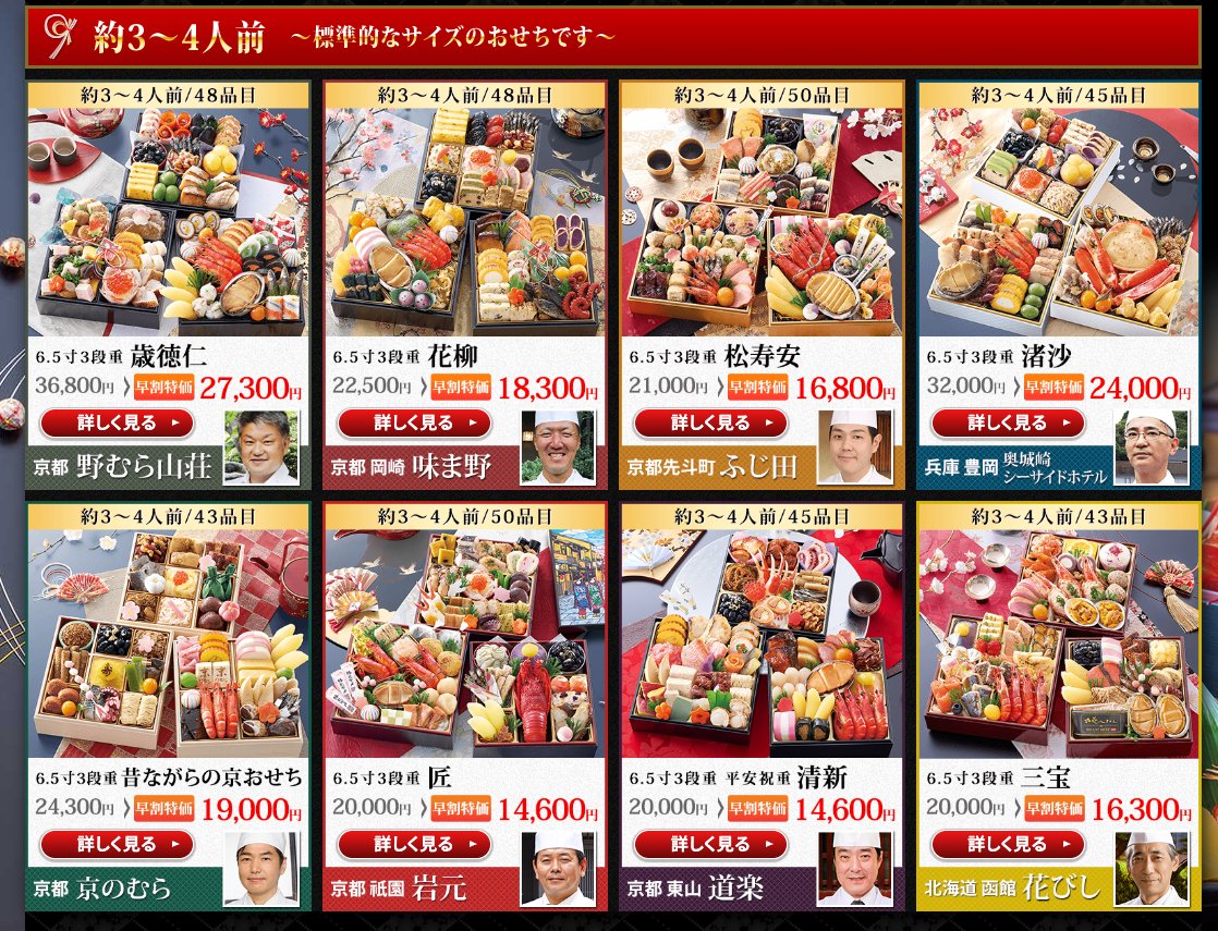 匠本舗 約3〜4人前おせちのラインナップと早割価格