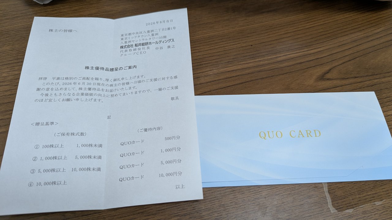 株主優待品贈呈の案内。保有株数ごとのQUOカード金額の一覧