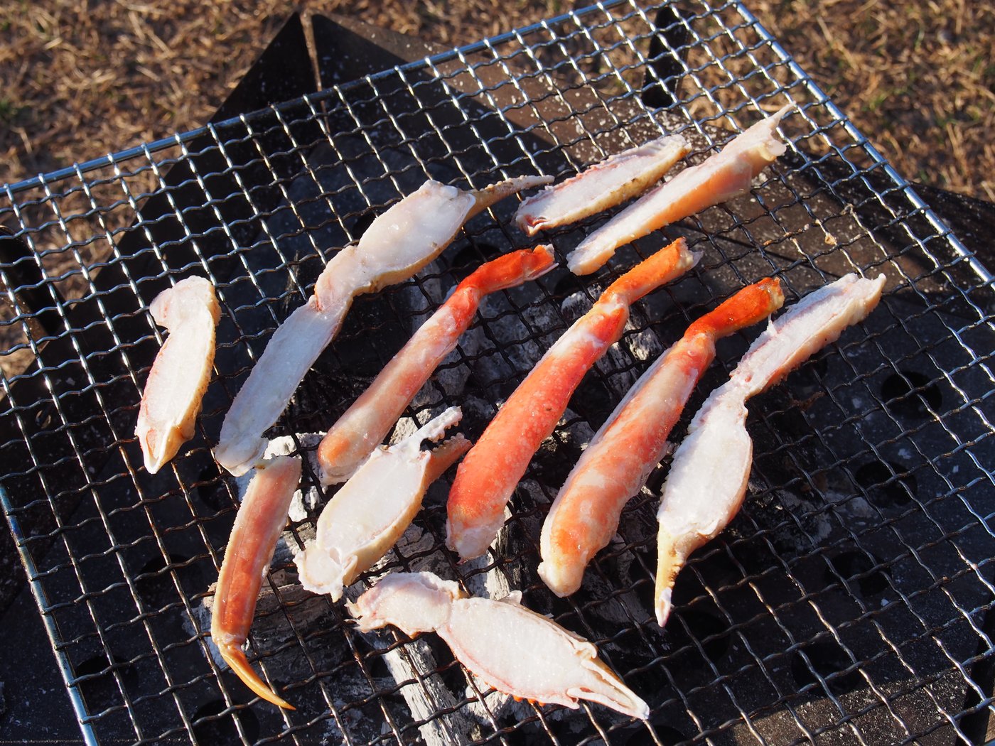 バーベキューの網で焼いている冷凍のカニ(2014年1月・はるの川音の郷キャンプ場)